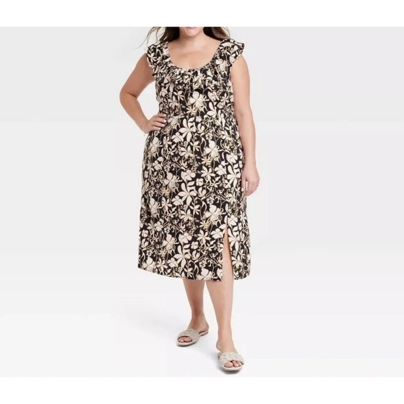 Ava & Viv Dresses & Skirts - Ava & Viv Ruffle Sleeve Empire Waist Linen Blend Dress In Black Floral 1X